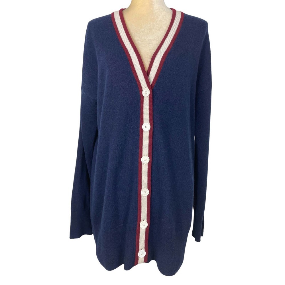 Equipment Navy Cardigan with Red and Cream Trim